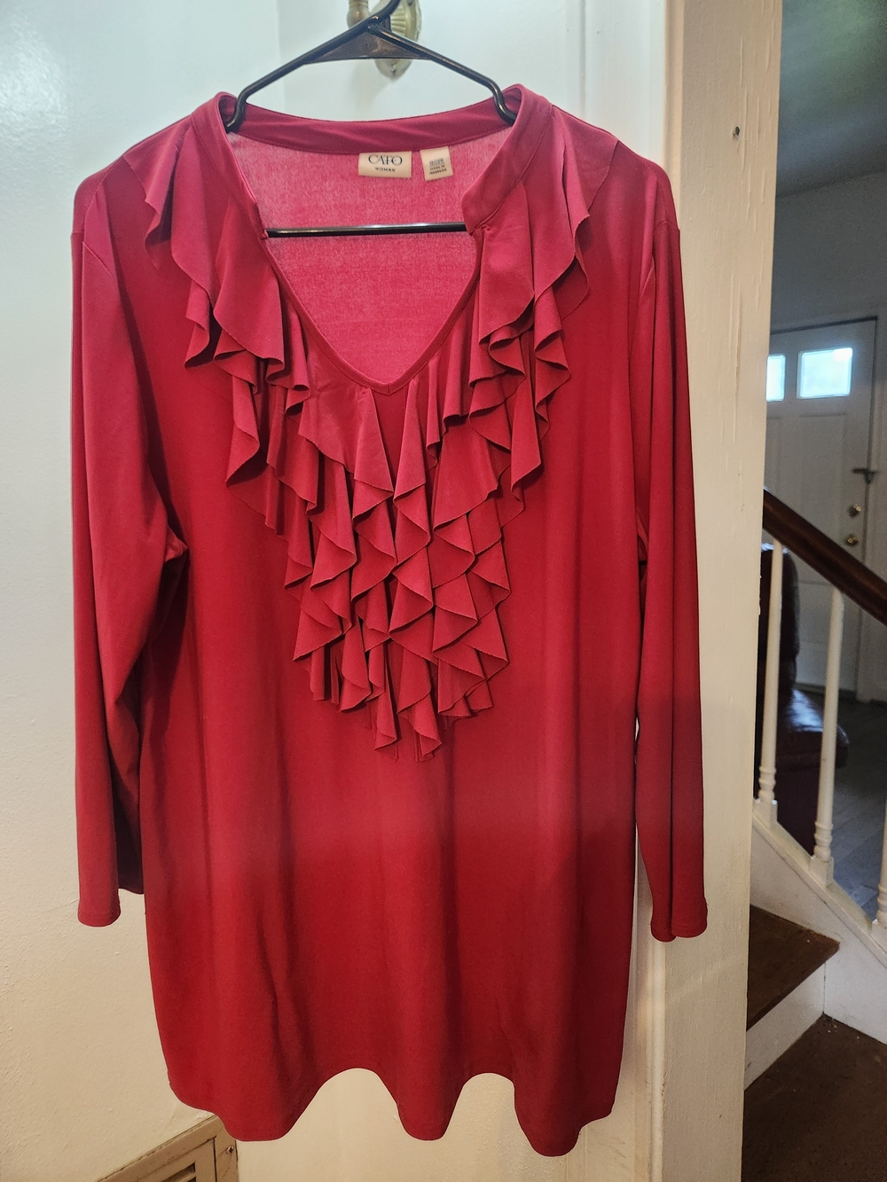 Cato Women's Deep Red Long-Sleeve Ruffle V-Neck Top